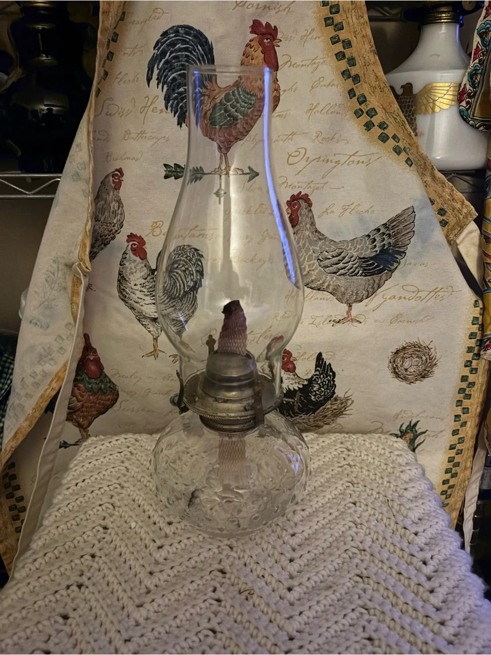 Vintage Hobnail Glass Oil Lamp with Tall Chimney